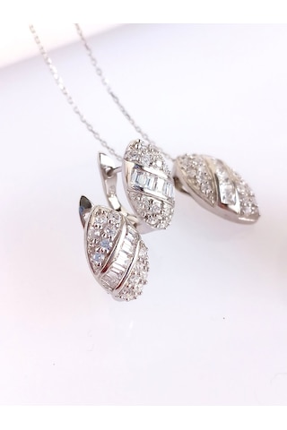 Baget Işıltılı Su Yolu Tasarım Kolye Küpe Yüzük Kadın Gümüş Set