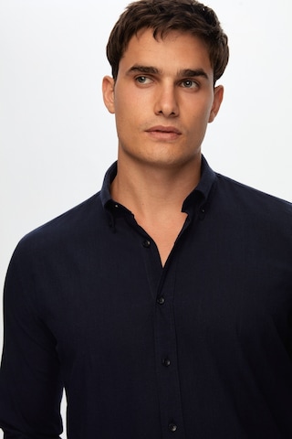 D'S Damat Ds Damat Slim Fit Lacivert Düğmeli Yaka %100 Pamuk Yazlık Flamlı Keten Görünümlü Gömlek 6HC02ORT63265 Lacivert