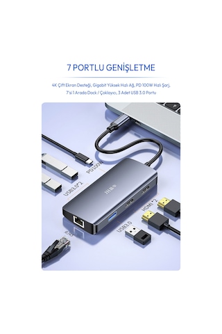 Type-c 7si 1 Arada Usb Hub Docking Station, 4k 60hz Hdmı, Gigabit Ethernet, Pd 100w Şarj, 3 Usb 3.0 Port, Çift Ekran Destekli Macbook Laptop Adaptörü N850