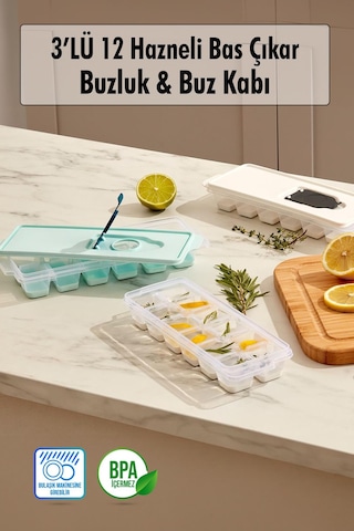 3 Lü Set 12 Hazneli Bas Çıkar Buzluk & Buz Kabı Çok Renkli