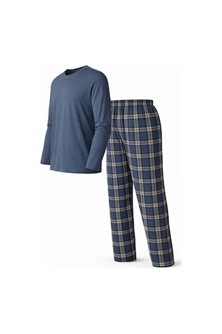 Mutlu City Erkek Mevsimlik Uzun Kollu 3 Düğmeli Ekose Alt Pijama Takımı 16649 İndigo