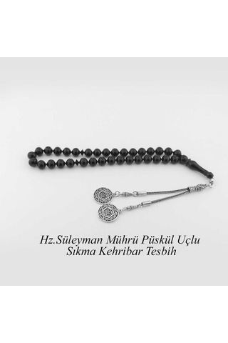 Mührü Süleyman Gümüş Püsküllü Sıkma Kehribar Tesbih