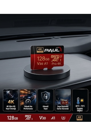 PAUL 128GB Micro SD Hafıza Kartı 4K Ultra HD V30 A1 U3 Yüksek Hızlı MicroSDXC