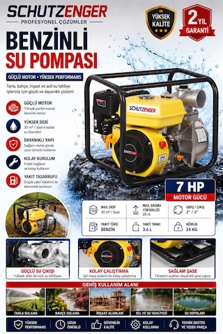 7 Hp 2 Inç Çıkışlı Benzinli Su Pompası 200 Mt Yatay Su Basar 4 Zamanlı Motor Turbo Güç Sarı