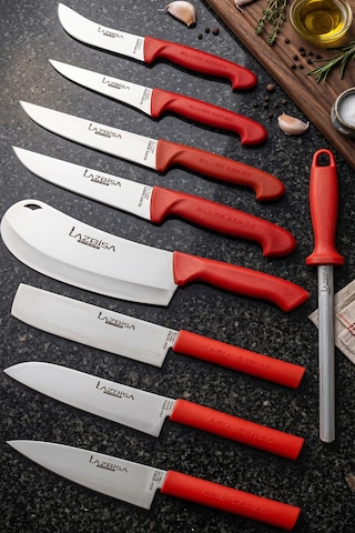 Lazbisa MFP-408 Silver Pro Serisi Mutfak Bıçak Seti 9 Parça Et Ekmek Sebze Salata Börek Bıçağı Masatı Kırmızı