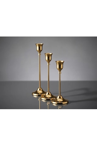 3'lü Metal Şamdan Seti Gold Renk Şamdanlık Klasik Mumluk Seti Çan Model 16-19-22 Cm