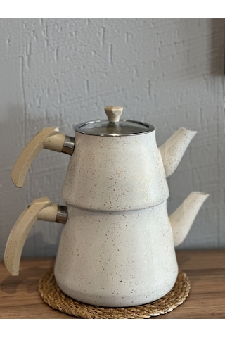 Yunusoğlu Home Granit Kaplama Pramit Cam Kapaklı Çaydanlık Krem Krem