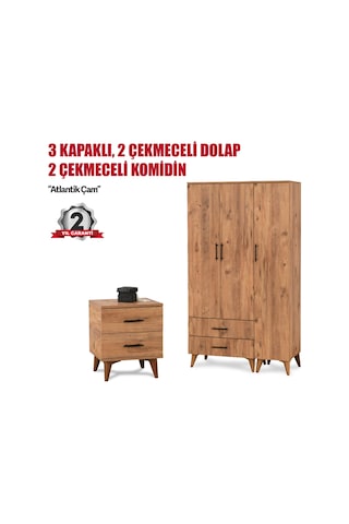 3 Kapaklı Atlantik Çam Dolap Ve Komodin Seti