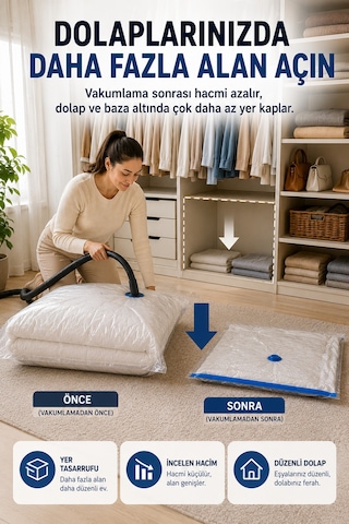 Maxi Boy Vakumlu Hurç 80x110 Cm 1 Adet Çift Kilitli Vakum Poşeti Yorgan Battaniye Saklama Çuvalı Şeffaf