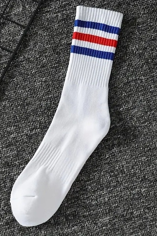 Unisex 3 Çift Premium Kalite Yüksek Pamuklu Kolej Çorap Mavi Kırmızı Çizgili Beyaz