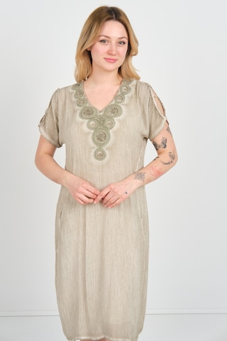 Ella Camelia Kadın Omuz Detaylı Çift Cepli Kendinden Desenli Elbise 19e074 Yeşil Yeşil