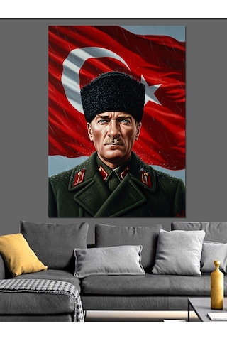 Türk Bayraklı Atatürk Portresi Dekoratif Kanvas - Mdf Ahşap Tablo
