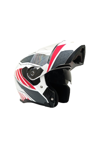 My Helmets Mks002-wrg Güneş Vizörlü Şeffaf Çene Açılır Motosiklet Kaskı Beyaz - Kırmızı - Siyah