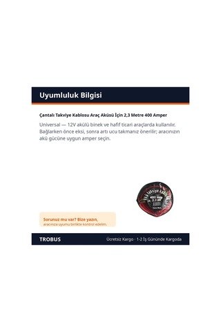 Trobus Çantalı Takviye Kablosu Araç Aküsü İçin 2,3 Metre 400 Amper