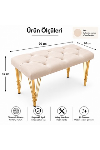 90cm Yeni Nesil Metal Gold Ayaklı Çok Amaçlı Puf Bench Krem