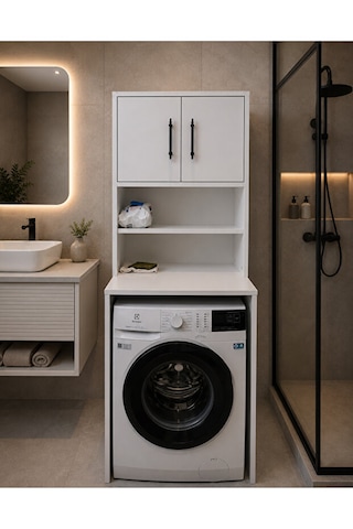 Deniz İki Kapaklı Çamaşır Makinesi Üstü Banyo Düzenleyici 2 Bölmeli Üst Dolaplı Çok Amaçlı Banyo Dolabı Beyaz