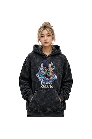 Sevbano Demon Slayer Anime Baskılı Unisex Oversize Yıkamalı Premium Hoodi Siyah