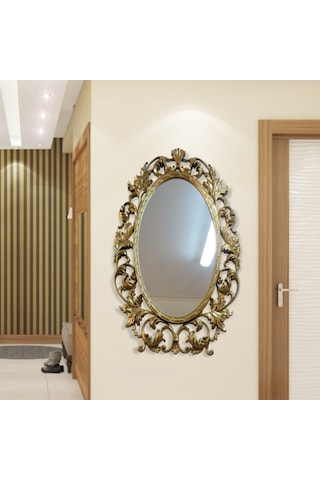 103Cm Sarı Yaldız İşlemeli Oymalı Desenli Rustik Duvar Boy Aynası Sarı