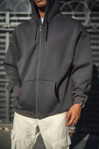 Oversize Tam Fermuarlı Uzun Kol Hırka - Füme Füme