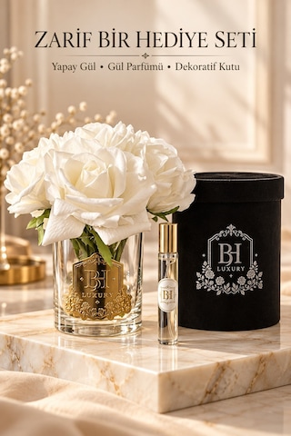 Bh Luxury Yapay Beyaz Gül Ve Parfüm Hediye Seti Siyah Dekoratif Kutulu