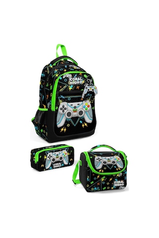 Coral High Kids Siyah Fosforlu Yeşil Gamer Desenli 3 Lü Okul Çanta Seti Set0123654