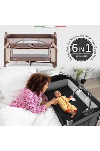 Elele Bonte 2 6 in1 Lüks Anne Yanı Oyun Parkı Park Yatak Xl 70x120 Cm Kahverengi
