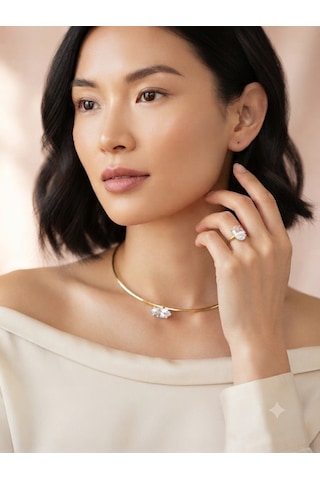 Rhea Jewelry Çelik Zirkon Taşlı Kolye Ve Ayarlanabilir Yüzük Seti Gold Kadın Takı Seti Altın