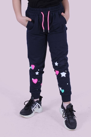 Kalp Ve Yıldız Desen Detaylı Kız Çocuk Lacivert Eşofman Altı Lacivert