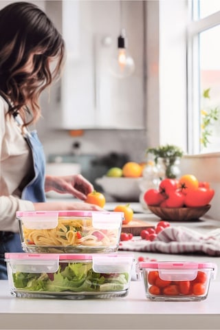 Lav Fresco Cam Saklama Kabı Seti 3'lü Pembe Kilitli Kapak (1 Küçük, 1 Orta, 1 Büyük Saklama Kabı)
