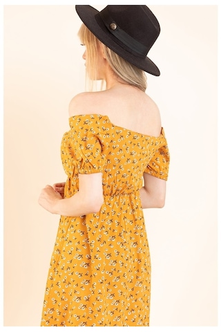 Aqe Fashion Kadın Hardal Önü Büzgülü Beli Lastikli Elbise Hardal