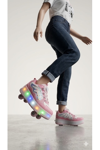 Kız Çocuk Patenli Kaykay Tekerlekli Işıklı Rahat Spor Ayakkabı¥i Model Hologramlı Koyu Pembe