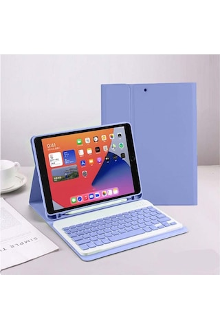 Apple Uyumlu iPad Pro 4. Nesil M2 2022 11 Inç Bluetooth Klavyeli Kılıf Kalem Bölmeli Türkçe Klavye Lila