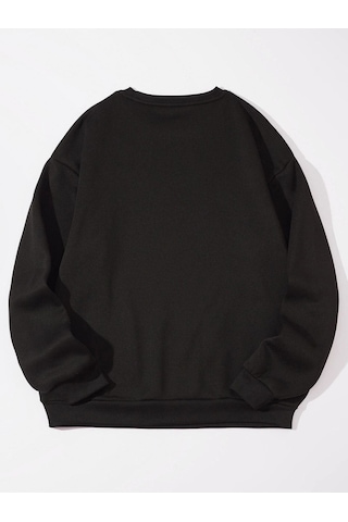 Unisex Oversize Siyah The Usa Baskılı Bisiklet Yaka Sweatshirt Koyu Siyah