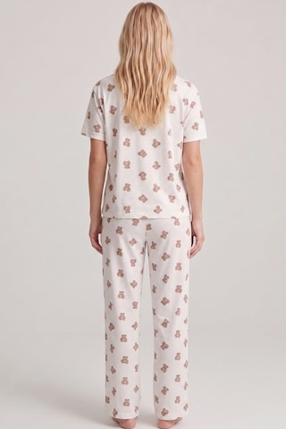 Siyah İnci İnce Soft Örme Mevsimlik Düğmeli Pijama Takımı 8002 Ekru Küçük Ayı