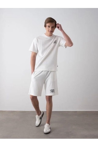 Erkek Çocuk 1983 Yazılı Pamuklu Oversize T-shirt Şortlu Takım-15797 Ekru