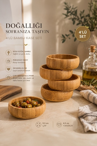Snacks 4'lü Yuvarlak Bambu Çerezlik 9,5 Cm Kahverengi