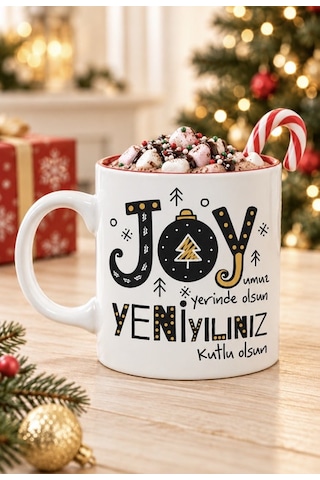 Mesela Yılbaşı Kupası Joyumuz Yerinde Olsun Desenli Kırmızı İçli Hediyelik Kahve Kupa Bardak Beyaz