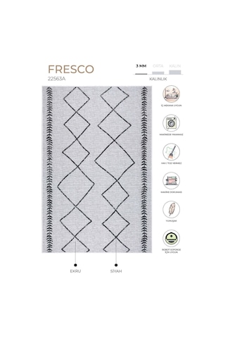 Fresco Ekru Siyah İskandinav Jüt Yıkanabilir Halı Kilim Balkon Te Ekru - Siyah