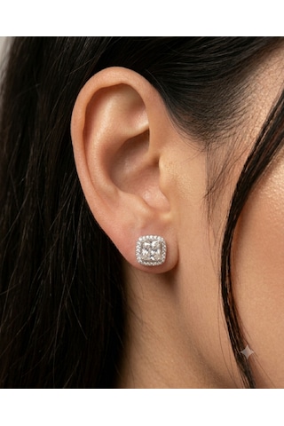 Kadın Moissanite Kare Tek Taş Model Etrafı Sıralı Taş Detay Gümüş Küpe