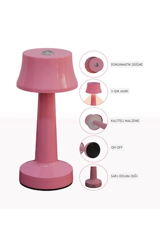 Zenlight Metal Dokunmatik Şarjlı Masa Lambası Pembe
