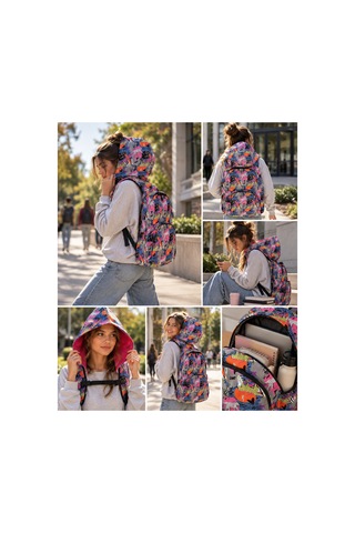 Unisex Su Geçirmez Zebra Ve Kalp Desenli Çıkarılabilir Kapüşonlu Sırt Çantası Mix
