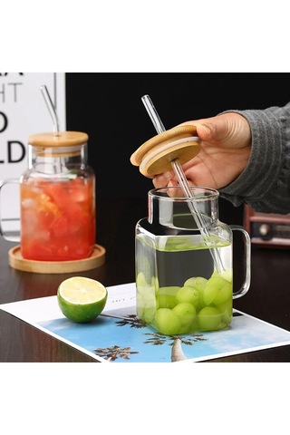 Borosilikat Cam Kupa 650 Ml Bambu Kapaklı Ve Cam Pipetli Isıya Dayanıklı Bardak Şeffaf