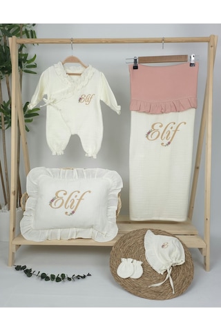 Gros Shop Müslin Yeni Doğan 4katlı Organik %100pamuk Kişiye Özgü Nakışlı Hastane Çıkış Seti Papatya Model-7 Ekru