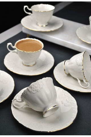 6 Kişilik Porselen Kahve Fincanı Seti Gold Yaldızlı Kahve Fincan Takımı- Rosemary 90ml Beyaz
