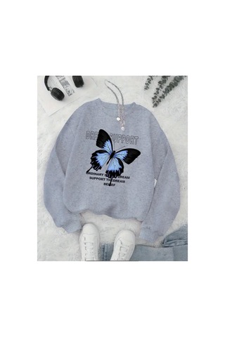 Herkesemoda Kelebek Baskılıı Bisiklet Yaka İçi Polarlı Sweatshirt Beyaz