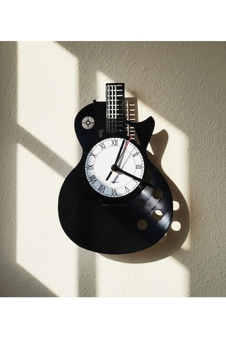 Gitar Formlu El Yapımı Vinil Plak Duvar Saati Retro Müzik Dekoru Siyah