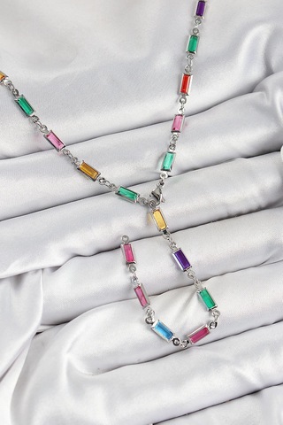 Pirinç Renkli Zirkon Taşlı Dikdörtgen Model Gümüş Renk Kadın Y Kolye Çok Renkli