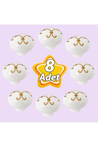 8 Adet Defne Altın Çizgili Beyaz Polimer Düğme Kulp Mantar Mobilya Mutfak Dolabı Çekmece Kulbu Kulpları