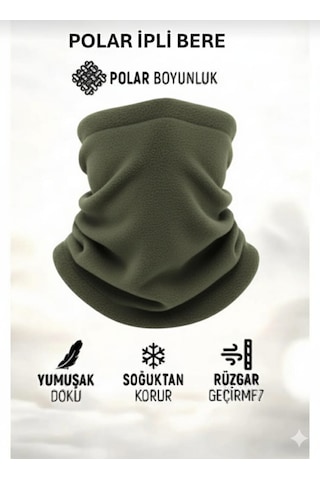Qulothes Termal Polar Soğuk Geçirmez Bere & Boyunluk Unisex Pamuklu Kışlık Ayarlanabilir İpli Bere Haki