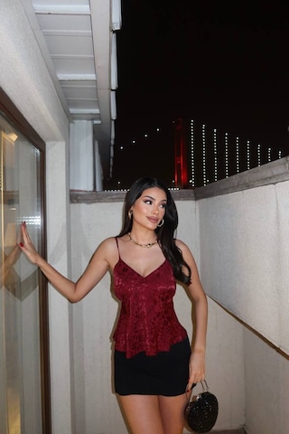 Kechi Woman Leopar Desenli Saten Askılı Bluz Bordo